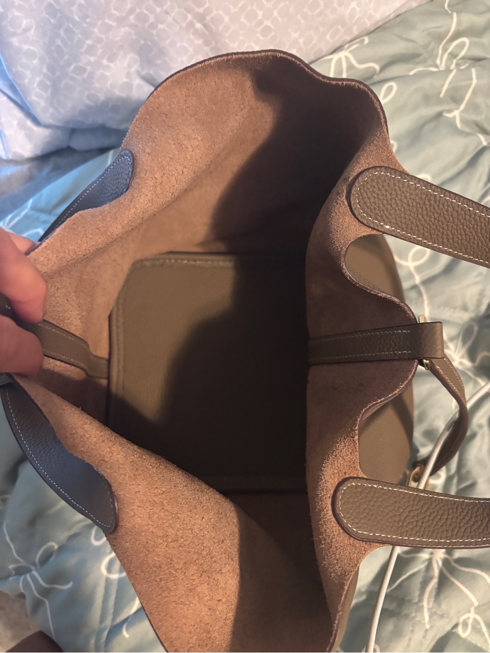 Structured luxury Taupe Pebbled Leather Tote with Gold Accent - Picture 11 of 14